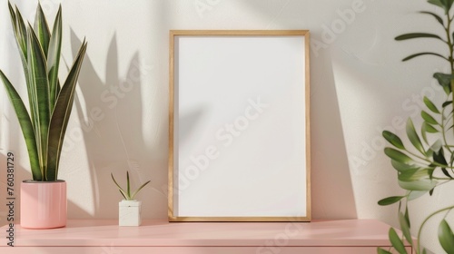 Contemporary Elegance. Minimalist Wooden Picture Frame Adorning a Peach Dresser, Accented by a Snake Plant, Against a White Wall.
