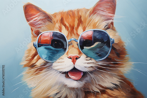 Art painting oil color funny Smiling cute cat , cat wearing glasses , meaow photo