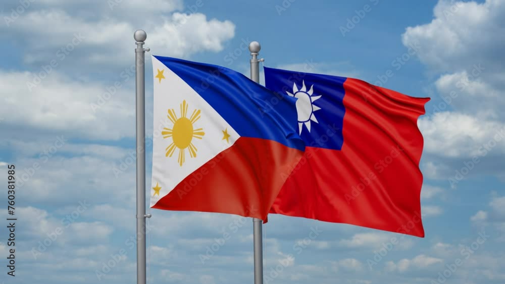 Taiwan and Philippines two flags waving together, looped video, two country cooperation concept