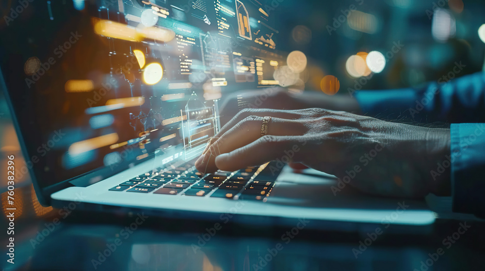 Man hands typing on laptop computer keyboard and surfing the internet on office table, online working, business and technology, internet network communication concept, close up. Generative AI
