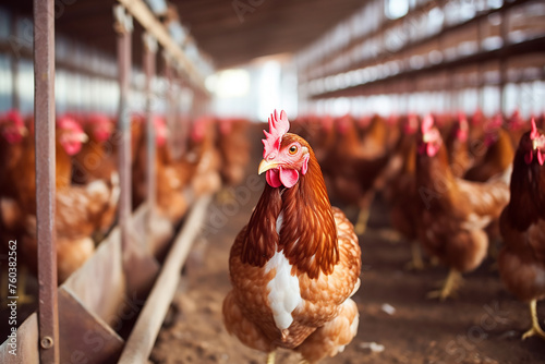 Chicken farm. Egg-laying chicken in cages. Commercial hens poultry farming. Layer hens livestock farm. Intensive poultry farming in close systems. Egg production agriculture. Domesticated birds