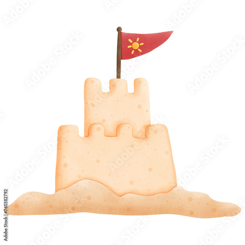 watercolor illustration of sandcastle decorated with little red flag