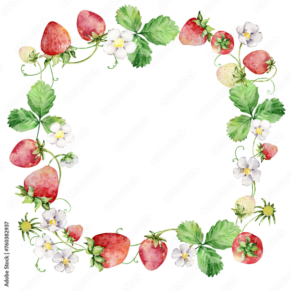 Watercolor strawberries wreath, red berries Watercolor strawberries wreath, red berries