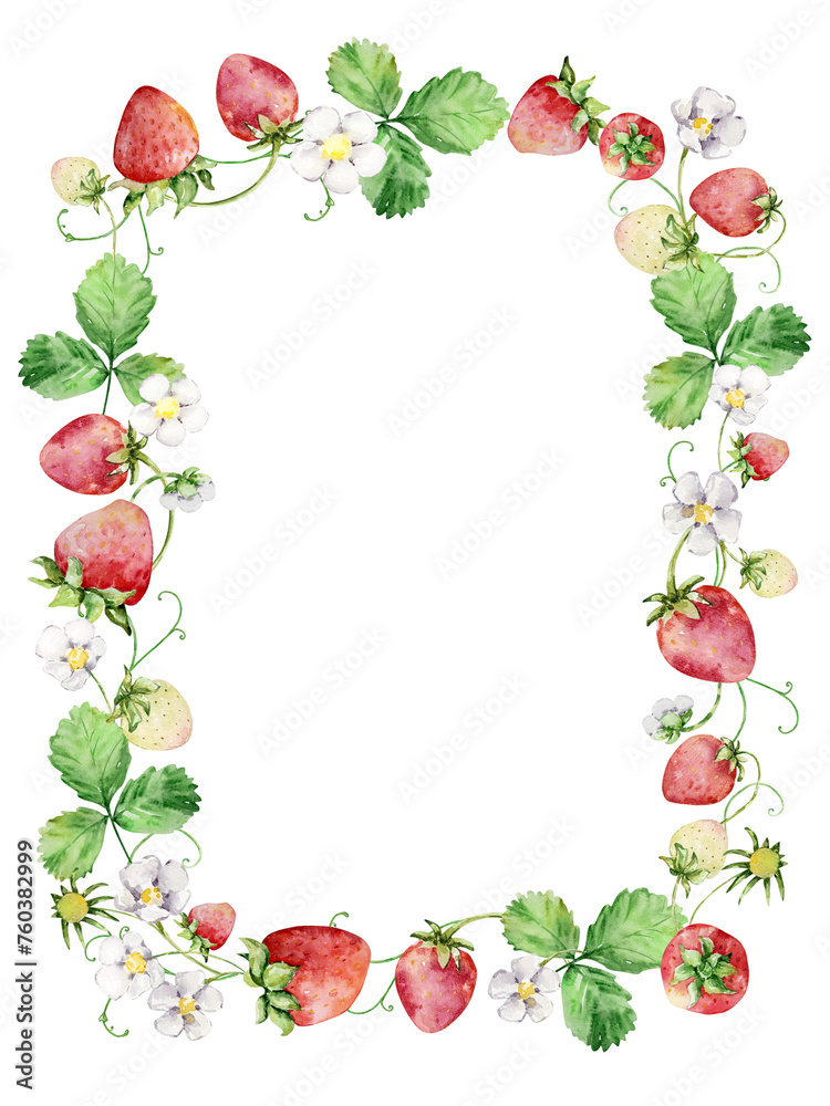 Watercolor strawberries wreath, red berries Watercolor strawberries wreath, red berries