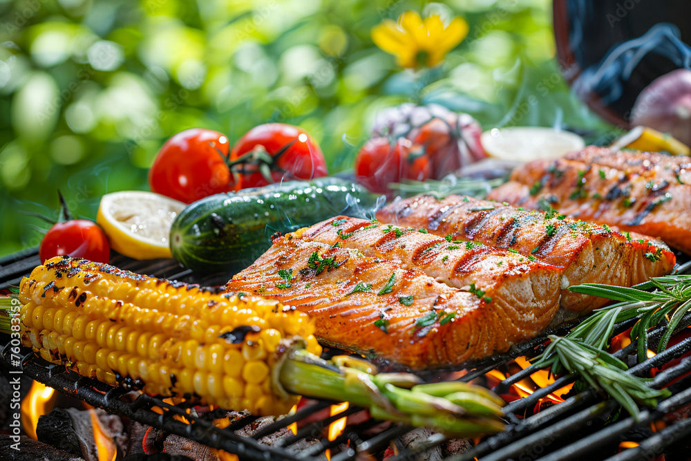 Fototapeta premium Grilled salmon fillets and vegetables on summer BBQ. Fresh, charred seafood and corn with garden herbs. Outdoor cooking, healthy protein-rich meal