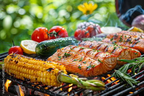 Grilled salmon fillets and vegetables on summer BBQ. Fresh, charred seafood and corn with garden herbs. Outdoor cooking, healthy protein-rich meal