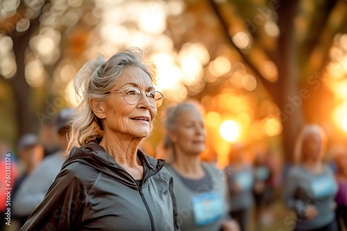 Side view portrait of active senior women running outdoors in park and enjoying sports © olga
