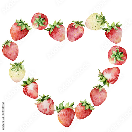 Watercolor strawberries heart wreath, red berries © SvetaArt