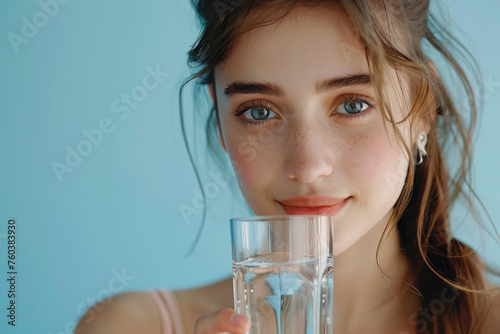 A smiling woman with healthy hair holds a glass of water to her face to drink brunette woman holding a glass of fresh water Beautiful young woman drinking pure water from glass on light blue backgroun