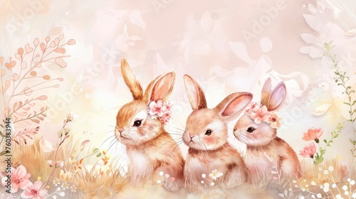 Springtime Serenity. Watercolor Painting of Adorable Baby Bunnies Amidst Floral Easter Decor, Awash in Warm Pastel Hues.
