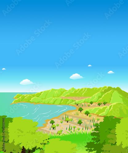                                                Seaside thatched village view illustration