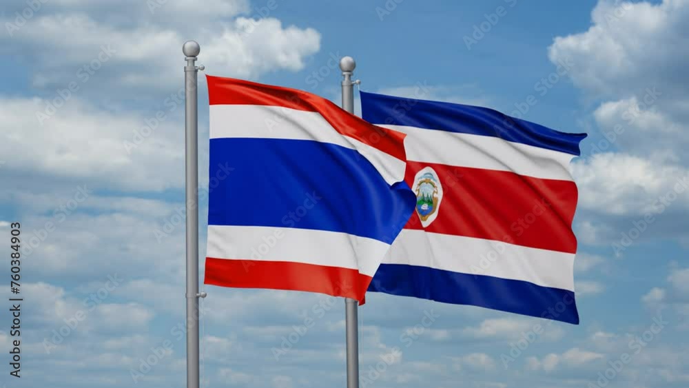 Costa Rico and Thailand two flags waving together, looped video, two country cooperation concept Costa Rico and Thailand two flags waving together, looped video, two country cooperation concept