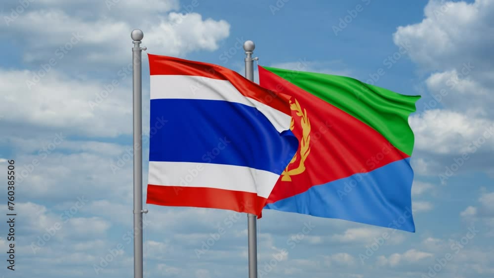 Eritrea and Thailand two flags waving together, looped video, two country cooperation concept Eritrea and Thailand two flags waving together, looped video, two country cooperation concept