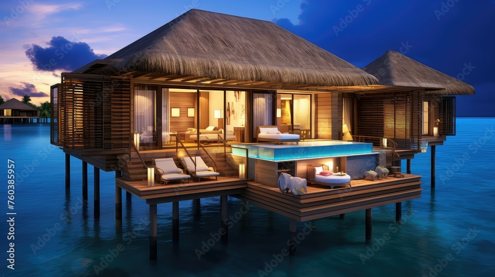 tropical water bungalow building illustration paradise vacation, relaxation escape, exotic serene tropical water bungalow building