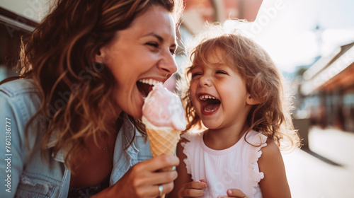 single mother and daughter eating ice cream outdoors on a summer evening, mother and daughter bonding, Good relations of parent and child. Happy moments concept