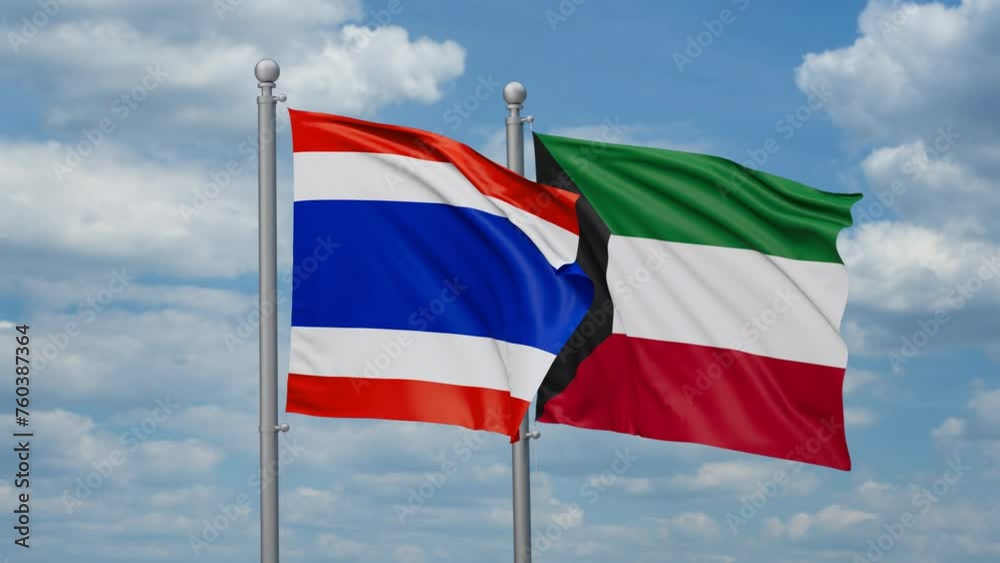 Kuwait and Thailand two flags waving together, looped video, two country cooperation concept Kuwait and Thailand two flags waving together, looped video, two country cooperation concept