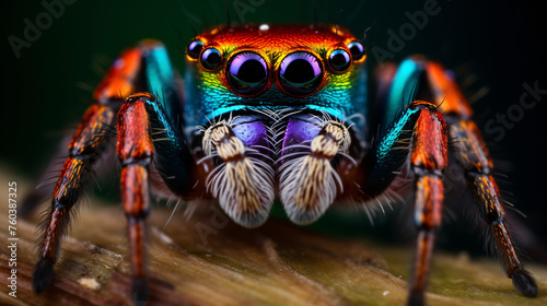 close-up of a peacock spider on a leaf, macro photograph of a peacock spider, with many eyes and tentacles