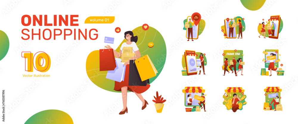 Illustration set of online shopping ecommerce retail business flat design