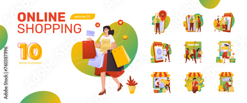 Illustration set of online shopping ecommerce retail business flat design