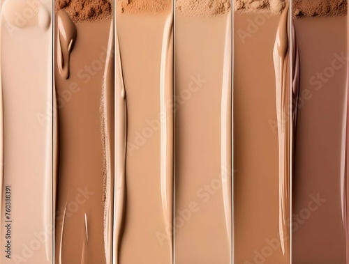 Swatches of liquid foundation makeup in different skin shades