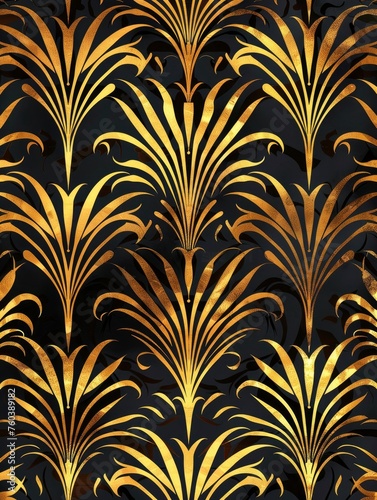 Art Deco Wallpaper Featuring a Stippled Seamless Pattern and Baroque Gold Ornament on a Dark Vintage Texture Background