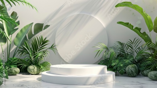 Circular White Podium Stage Rack, Front View, Enhanced by a Background of Lush Tropical Leaves and Green Stone © EMRAN