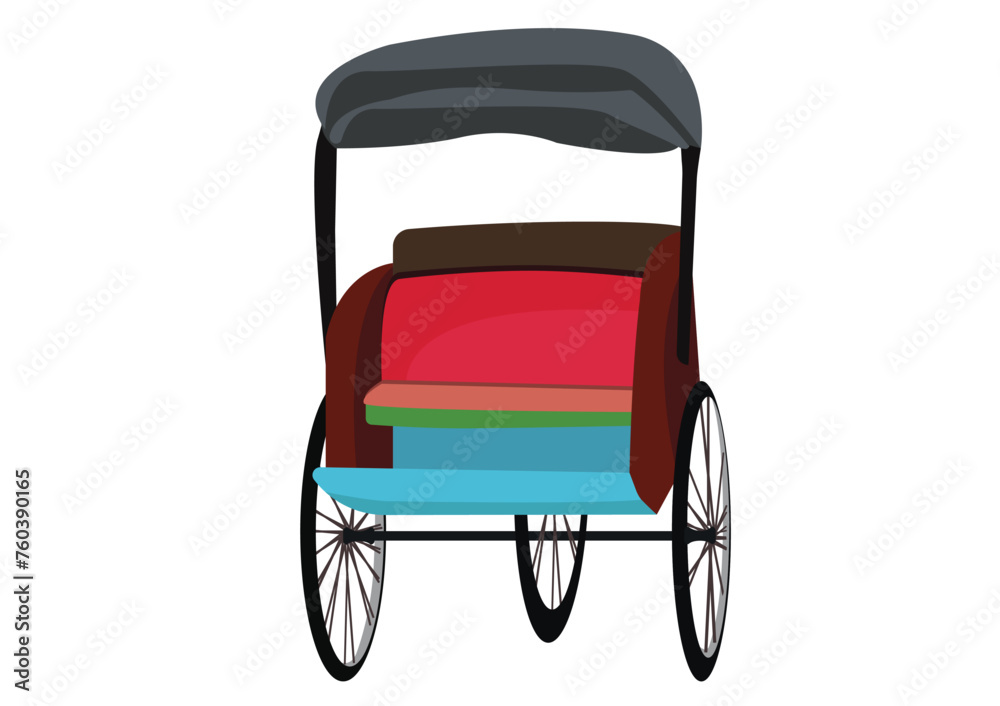 Front view vector illustration of a rickshaw or becak in flat style on a white background. Indonesian traditional public transport vehicles. Antique transportation in some areas of Java, Indonesia Front view vector illustration of a rickshaw or becak in flat style on a white background. Indonesian traditional public transport vehicles. Antique transportation in some areas of Java, Indonesia