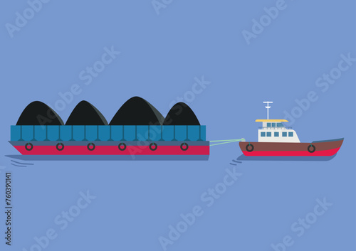 Barges filled with coal are towed by tugboats. Cargo ship carrying coal. Cargo ship carrying coal. 