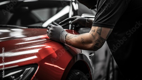 An auto detailer inspecting the paint surface for damages, Car detailing, and polishing concept