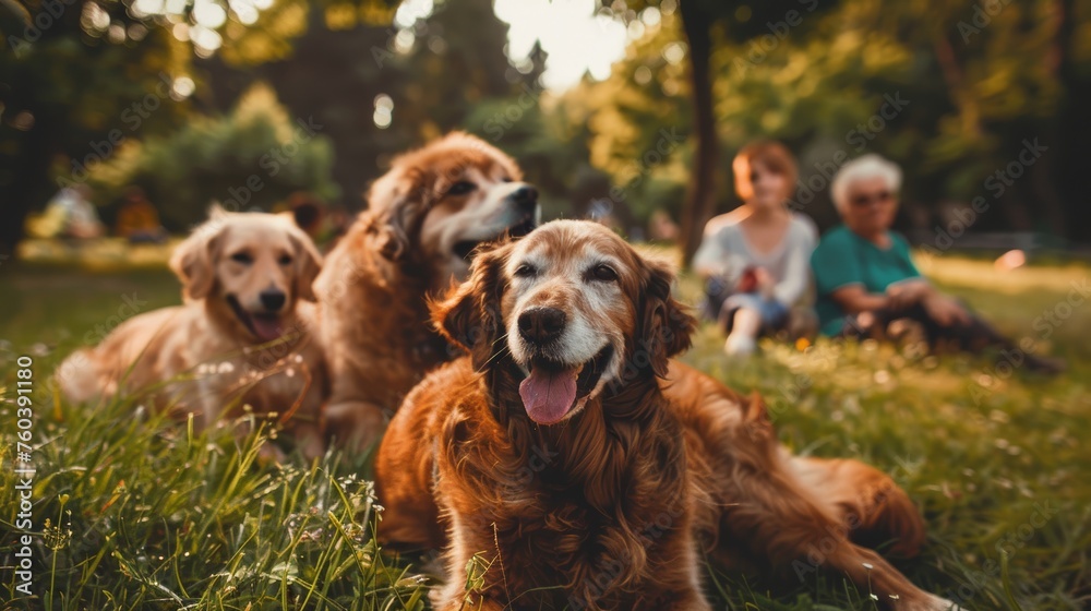Obraz premium Golden Retriever with family in the park. Selective focus.