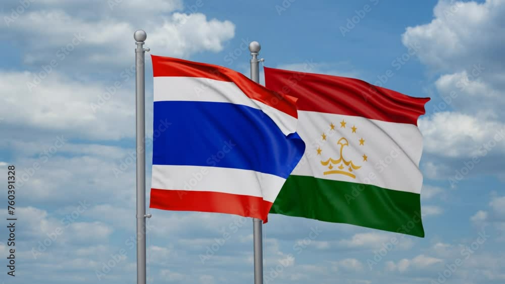 Tajikistan and Thailand two flags waving together, looped video, two country cooperation concept Tajikistan and Thailand two flags waving together, looped video, two country cooperation concept