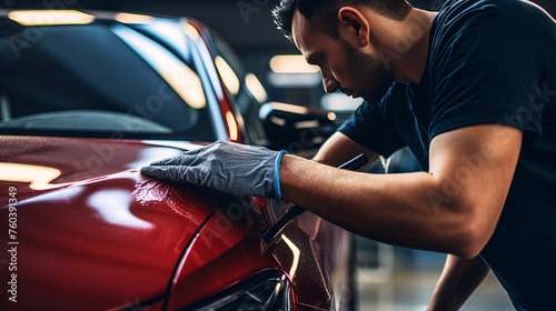 An auto detailer inspecting the paint surface for damages, Car detailing, and polishing concept photo