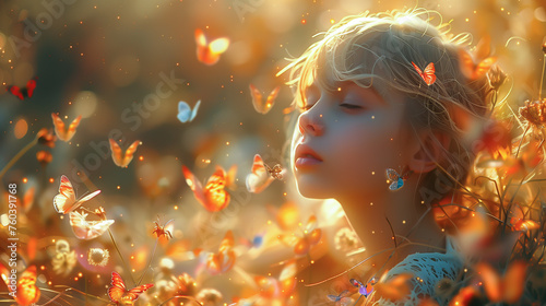 A young girl stands surrounded by colorful butterflies fluttering gently around her in a sunlit meadow. The magic of nature and the innocence of childhood. Generative AI.