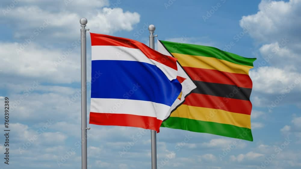 Zimbabwe and Thailand two flags waving together, looped video, two country cooperation concept
