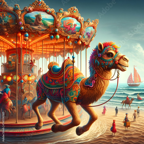 carousel with horses. carousel, horse, ride, fun, fair, amusement, merry-go-round, park, carnival, horses, fairground, merry, circus, Ai generated 