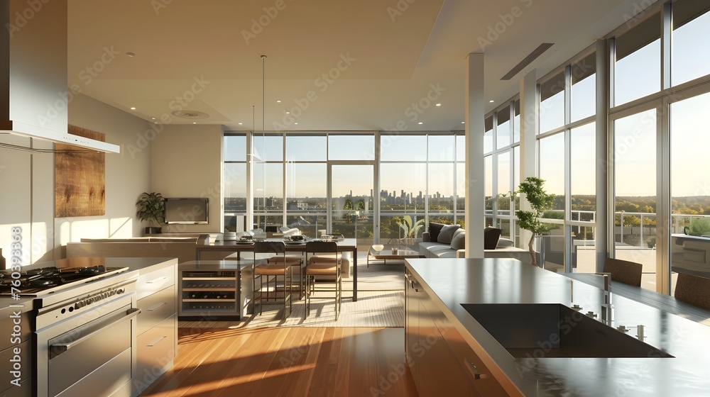 Elegant Open-Plan Space with Plush Kitchen and Scenic Landscape Views Elegant Open-Plan Space with Plush Kitchen and Scenic Landscape Views
