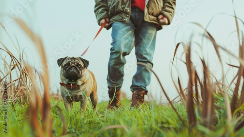 casual strides: man and pug in harmony