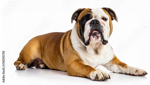 English Bulldog - Canis lupus familiaris - large stocky breed of domestic animal brown and white colors with droopy jowls isolated on white background sad face full body studio picture © Chase D’Animulls