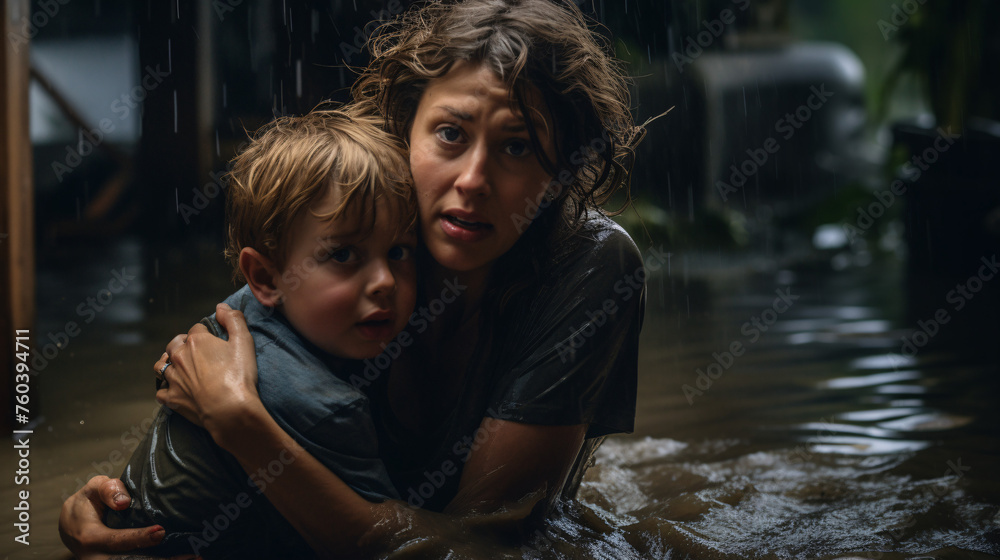 portrait of a affected woman holding his son in the flood water, swimming in flood water, Climate Change, Flooding concept