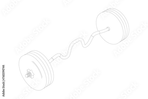 Black and white contour of a barbell, isolated on the white background. Illustration of heavy athletic barbell. Design element for logo, label, emblem. Vector illustration. 3D. Isometric view.
