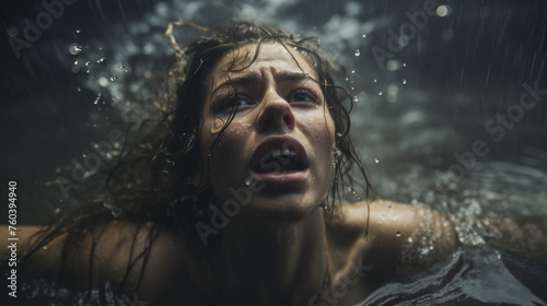 Portrait of a Scared Woman Drowning in flood,  flash flood disaster, environmental disaster concept © Chamli_Pr