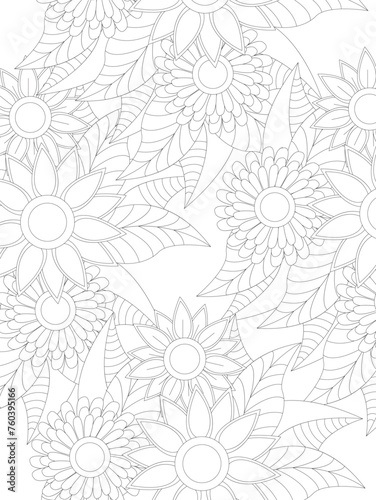 Flowers Leaves Coloring page Adult.Contour drawing of a mandala on a white background. Vector illustration