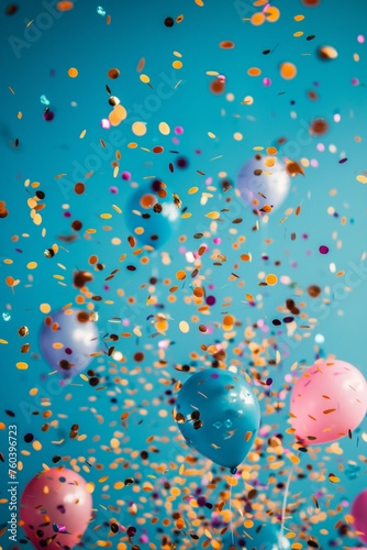 Multicolored confetti and balloons at the celebration against blue background