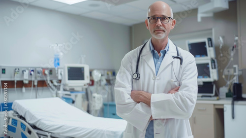 A man wearing a white lab coat stands in a hospital setting