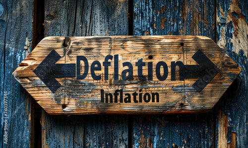 Economic Concepts of Deflation and Inflation Indicated by Arrows on Wooden Planks Against a Blue Background