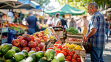 A man is standing in front of a vibrant display of assorted fresh fruits and vegetables at a market