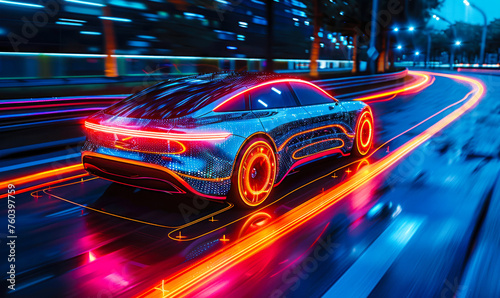 High-speed autonomous vehicle with dynamic light trails on a highway, representing the concept of futuristic transportation and electric vehicles © Bartek