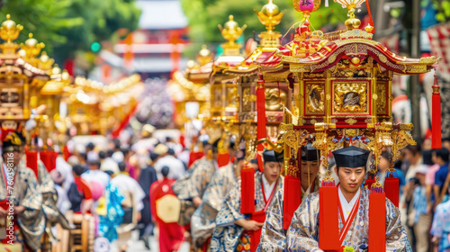 A vibrant festival procession in Japan, showcasing participants clad in traditional attire carrying ornate mikoshi shrines through a crowded street