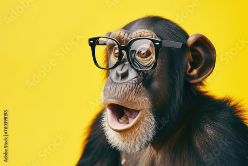 Surprised chimpanzee wear glasses on bright yellow background