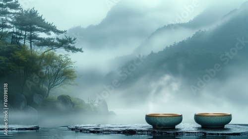 chinese tea background of misty mountains
